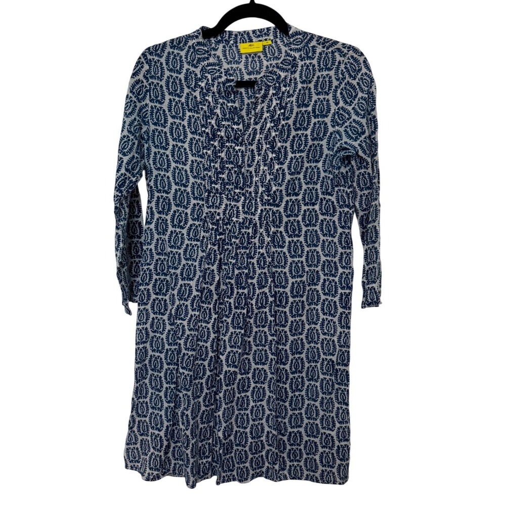 Roberta Roller Rabbit Blue White Block Print Pintuck Cotton Tunic Dress XS
